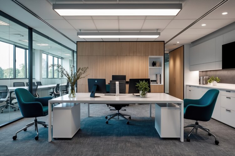 A modern office workspace featuring a clean, organized design