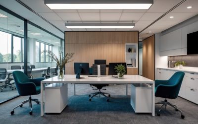 A modern office workspace featuring a clean, organized design